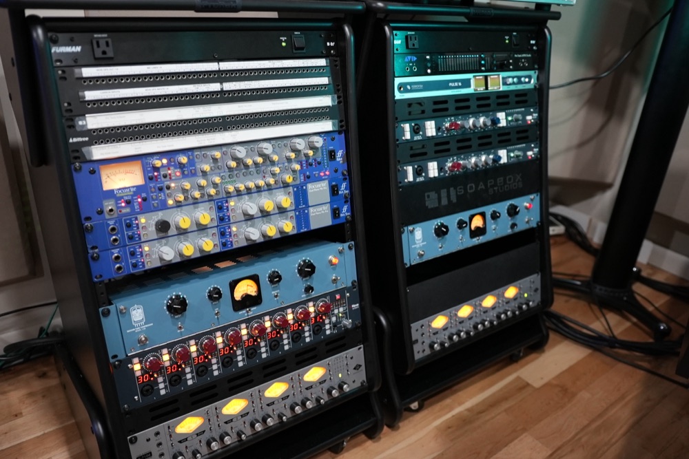 Outboard mic preamp and compressor racks at The Bullpen ATL