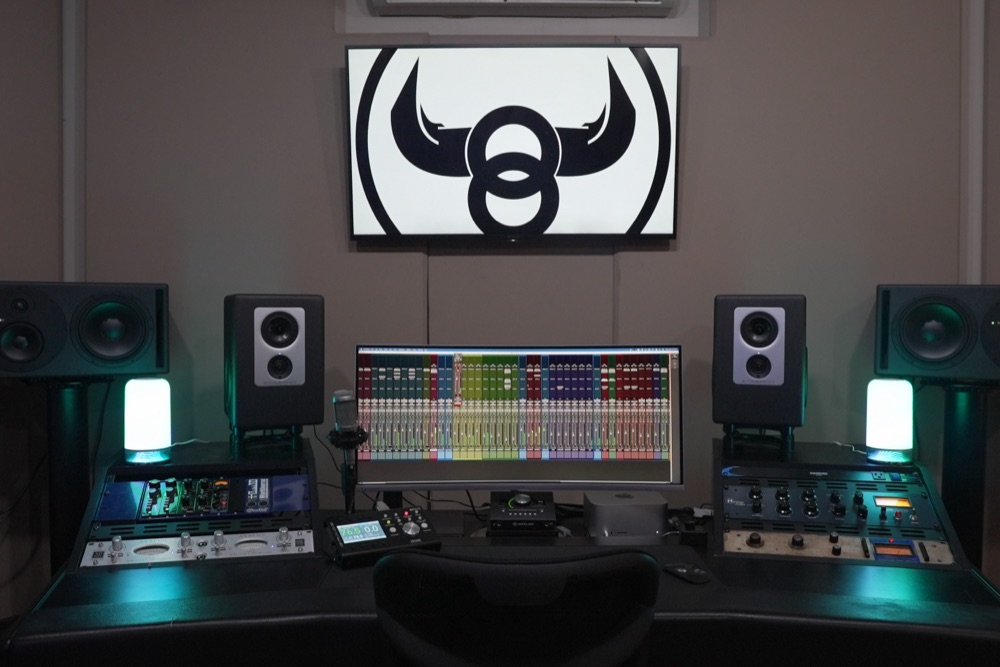 Main studio desk and monitoring at The Bullpen ATL